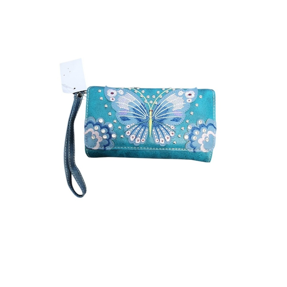 Turquoise Butterfly Embroidered Wristlet Crossbody Wallet Rhinestone‎ 2066W209